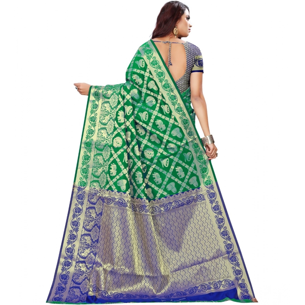 Women's Jacquard Woven Saree With Unstitched Blouse 5.5Mtr (Green) - Image 3