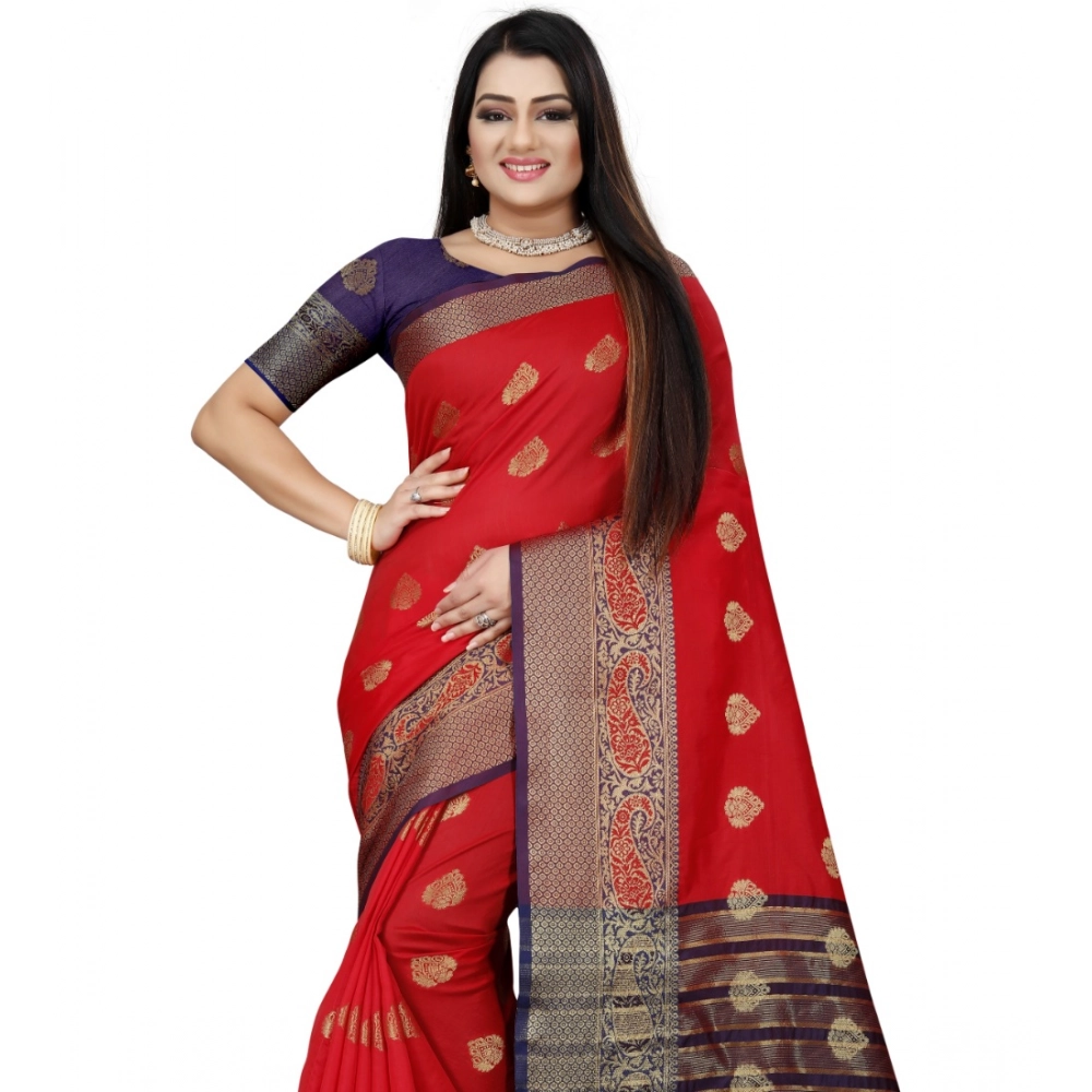 Women's Silk Blend Woven Saree With Unstitched Blouse 5.5Mtr (Purple-Red) - Image 4