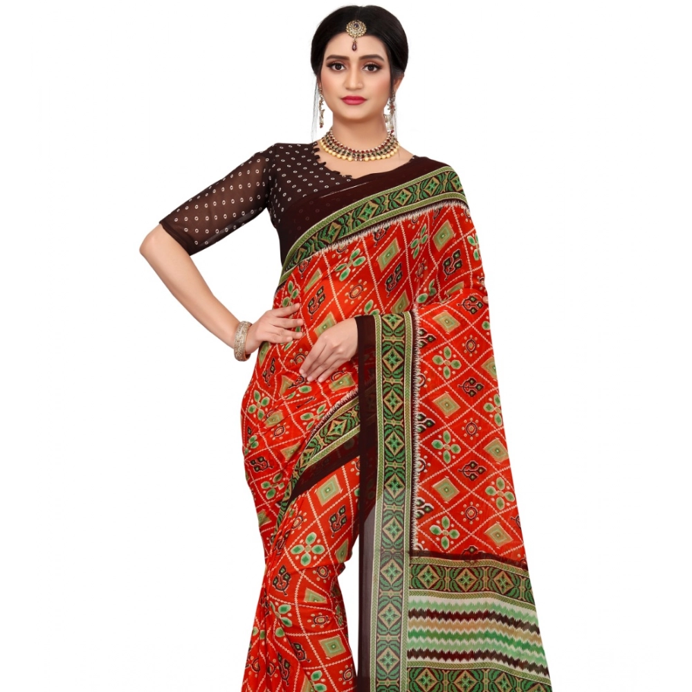 Women's Georgette Floral Print Saree With Unstitched Blouse 5.5Mtr (Red) - Image 3