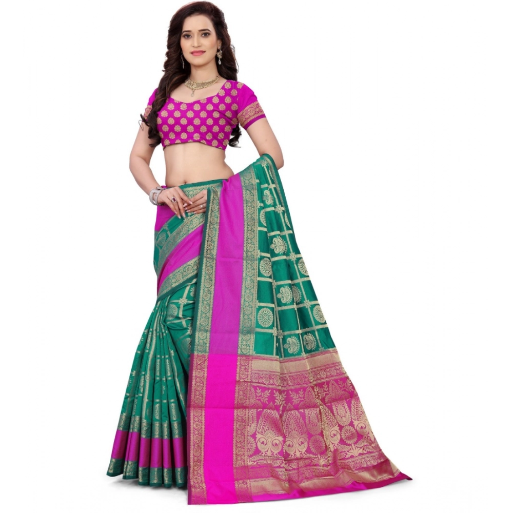 Women's Jacquard Woven Saree With Unstitched Blouse 5.5Mtr (Light Green) - Image 4