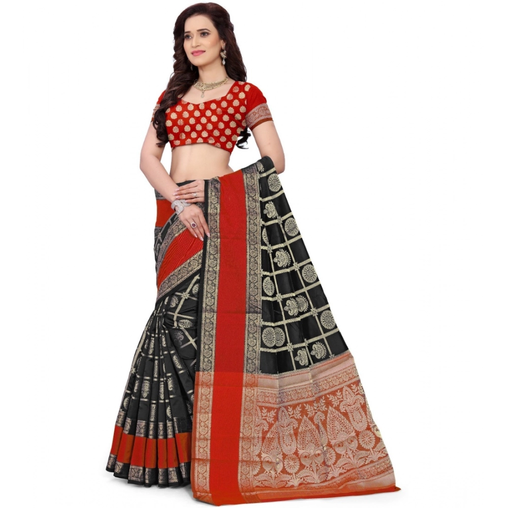 Women's Jacquard Woven Saree With Unstitched Blouse 5.5Mtr (Red-Black) - Image 4