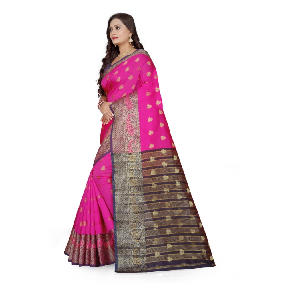 Women's Jacquard Woven Saree With Unstitched Blouse 5.5Mtr (Pink) - Image 4