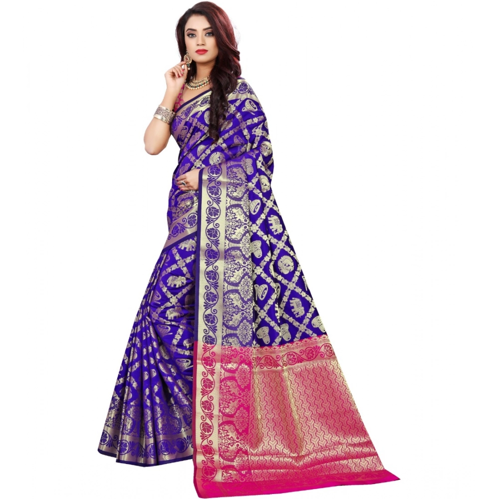 Women's Jacquard Woven Saree With Unstitched Blouse 5.5Mtr (Blue) - Image 2