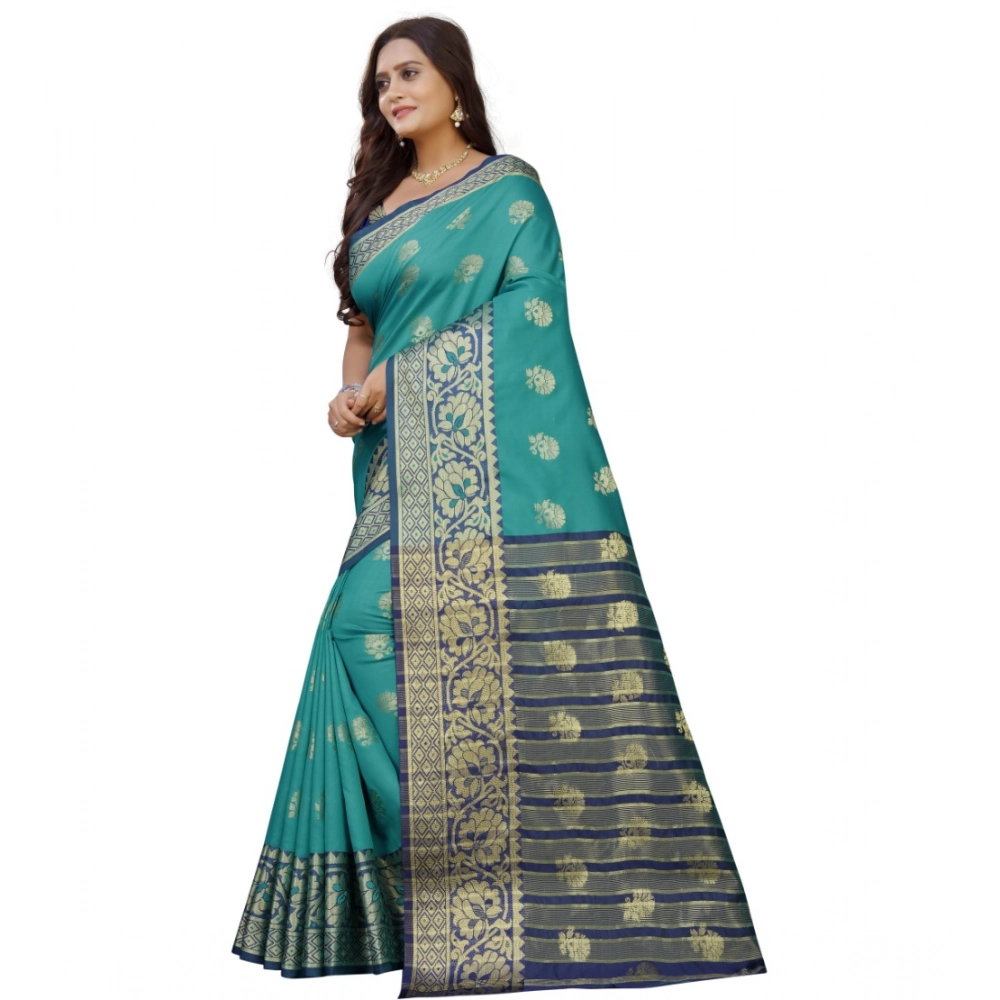 Women's Silk Blend Woven Saree With Unstitched Blouse 5.5Mtr (Dark Blue-Green) - Image 4