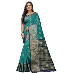 Women's Silk Blend Woven Saree With Unstitched Blouse 5.5Mtr (Dark Blue-Green)