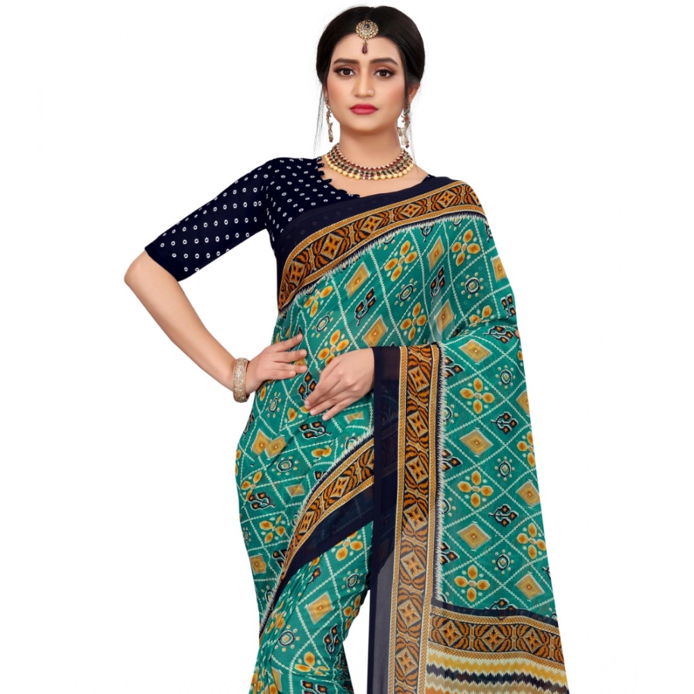 Women's Georgette Floral Print Saree With Unstitched Blouse 5.5Mtr (Dark Green) - Image 4