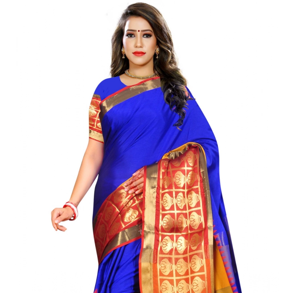 Women's Jacquard Woven Saree With Unstitched Blouse 5.5Mtr (Blue) - Image 4