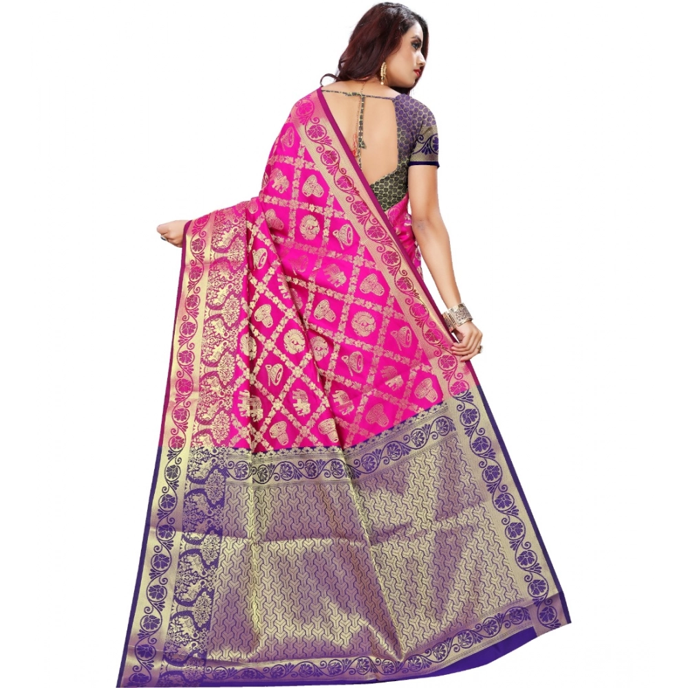 Women's Jacquard Woven Saree With Unstitched Blouse 5.5Mtr (Pink) - Image 3
