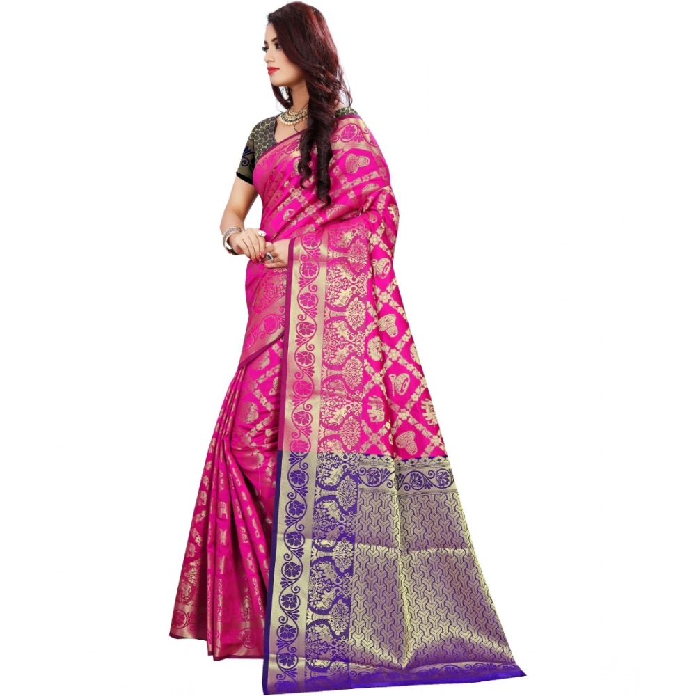 Women's Jacquard Woven Saree With Unstitched Blouse 5.5Mtr (Pink) - Image 2