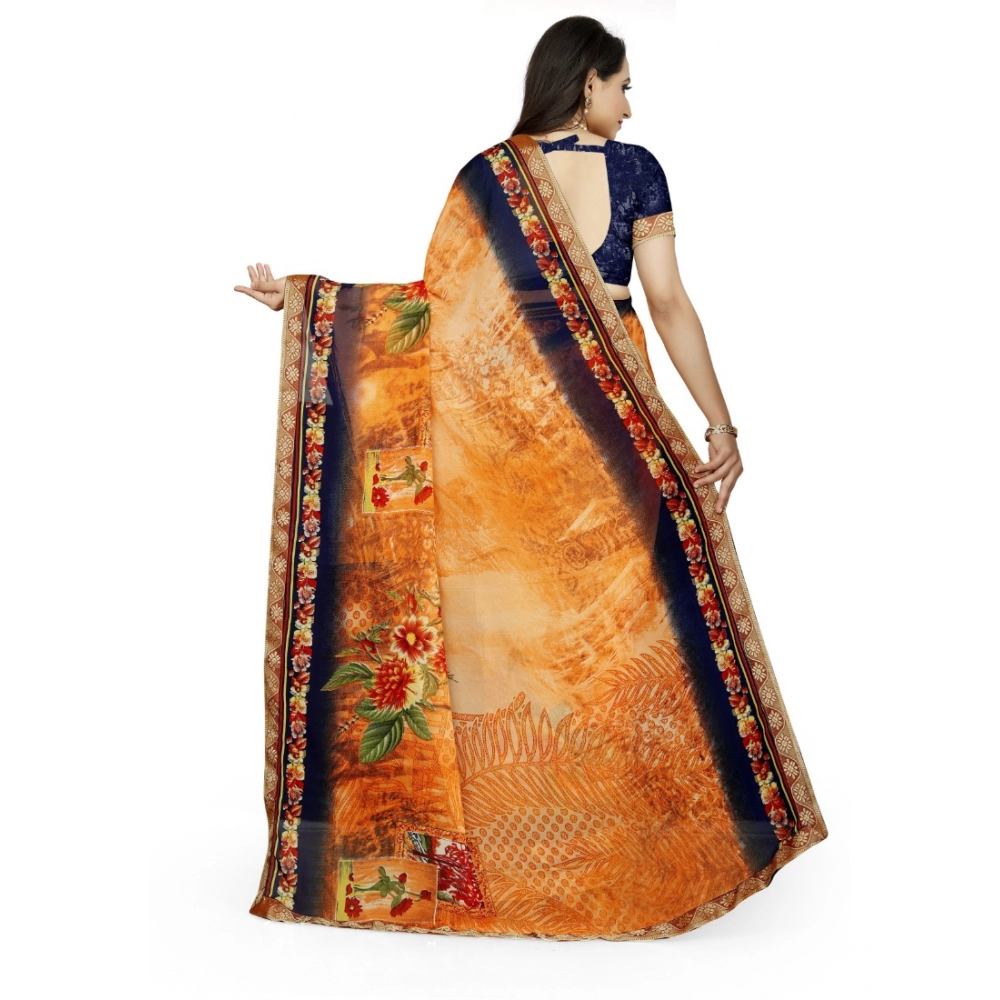 Women's Georgette Floral Print Saree With Unstitched Blouse 5.5Mtr (Blue-Orange) - Image 2