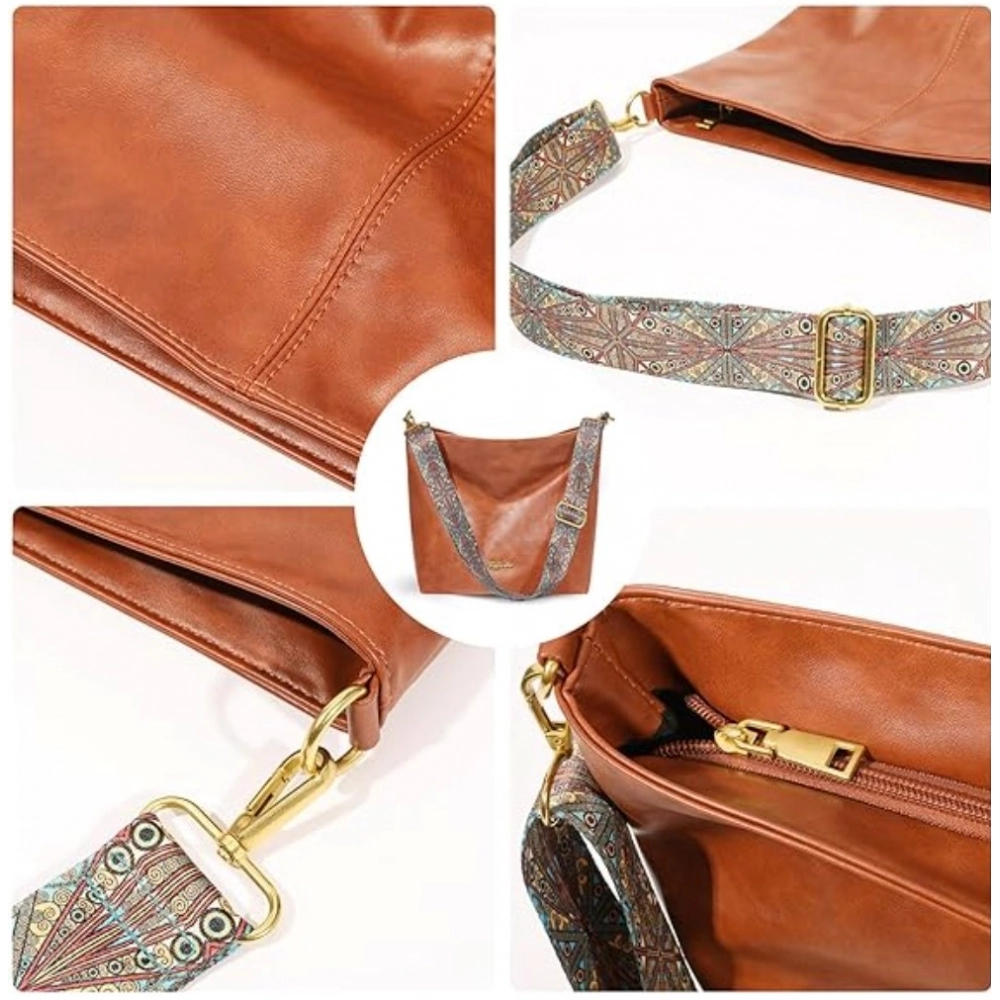 Women's PU Leather Medium Sling bag Zipper Handbag (Brown) - Image 4