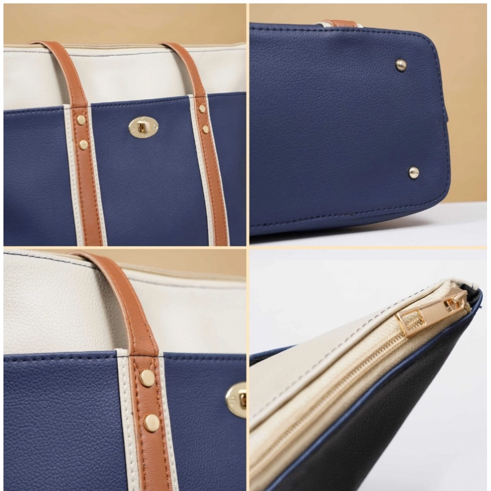 Women's Faux Leather Large Shoulder Zipper Handbag (Dark Blue) - Image 4