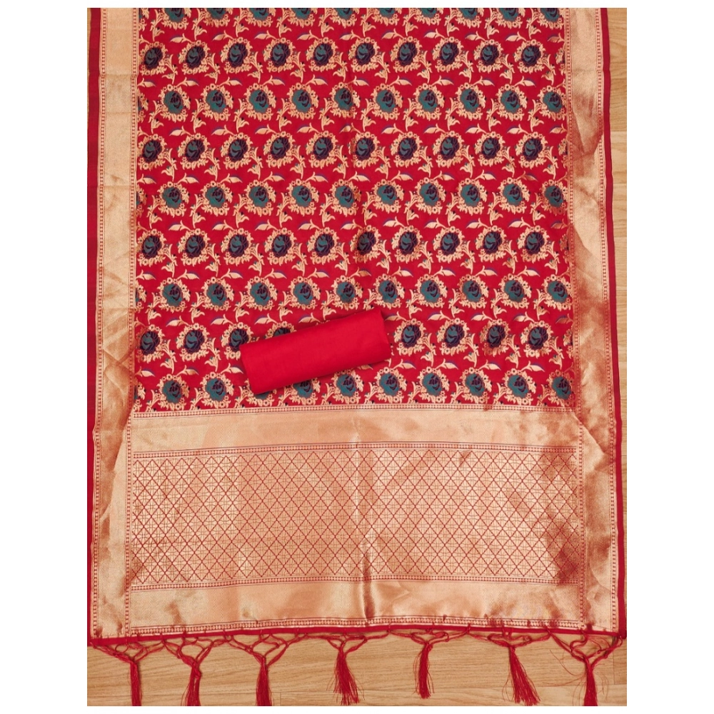 Women's Banarasi Silk Printed Unstitched Salwar Suit Material With Dupatta (Red, 3Mtrs) - Image 3
