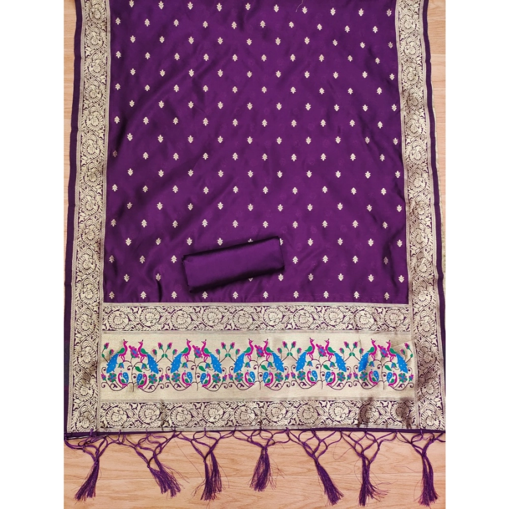 Women's Banarasi Silk Printed Unstitched Salwar Suit Material With Dupatta (Purple, 3Mtrs) - Image 4