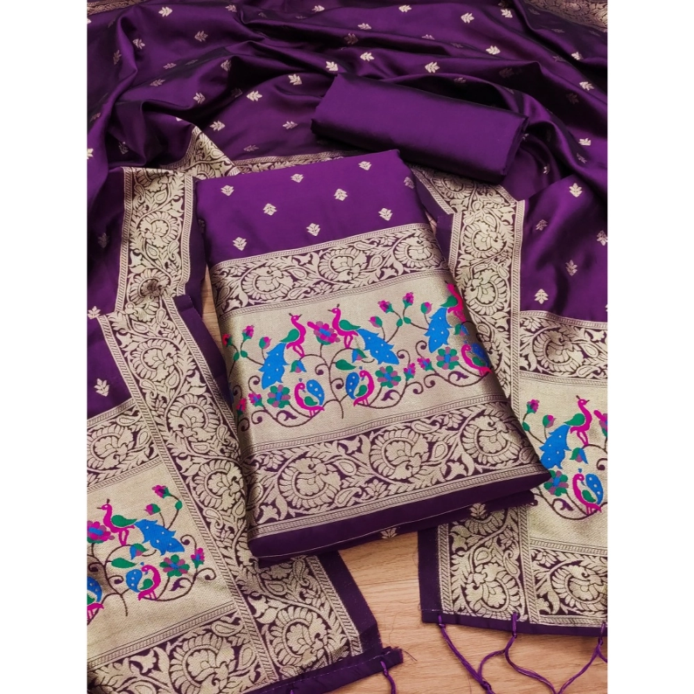 Women's Banarasi Silk Printed Unstitched Salwar Suit Material With Dupatta (Purple, 3Mtrs) - Image 2