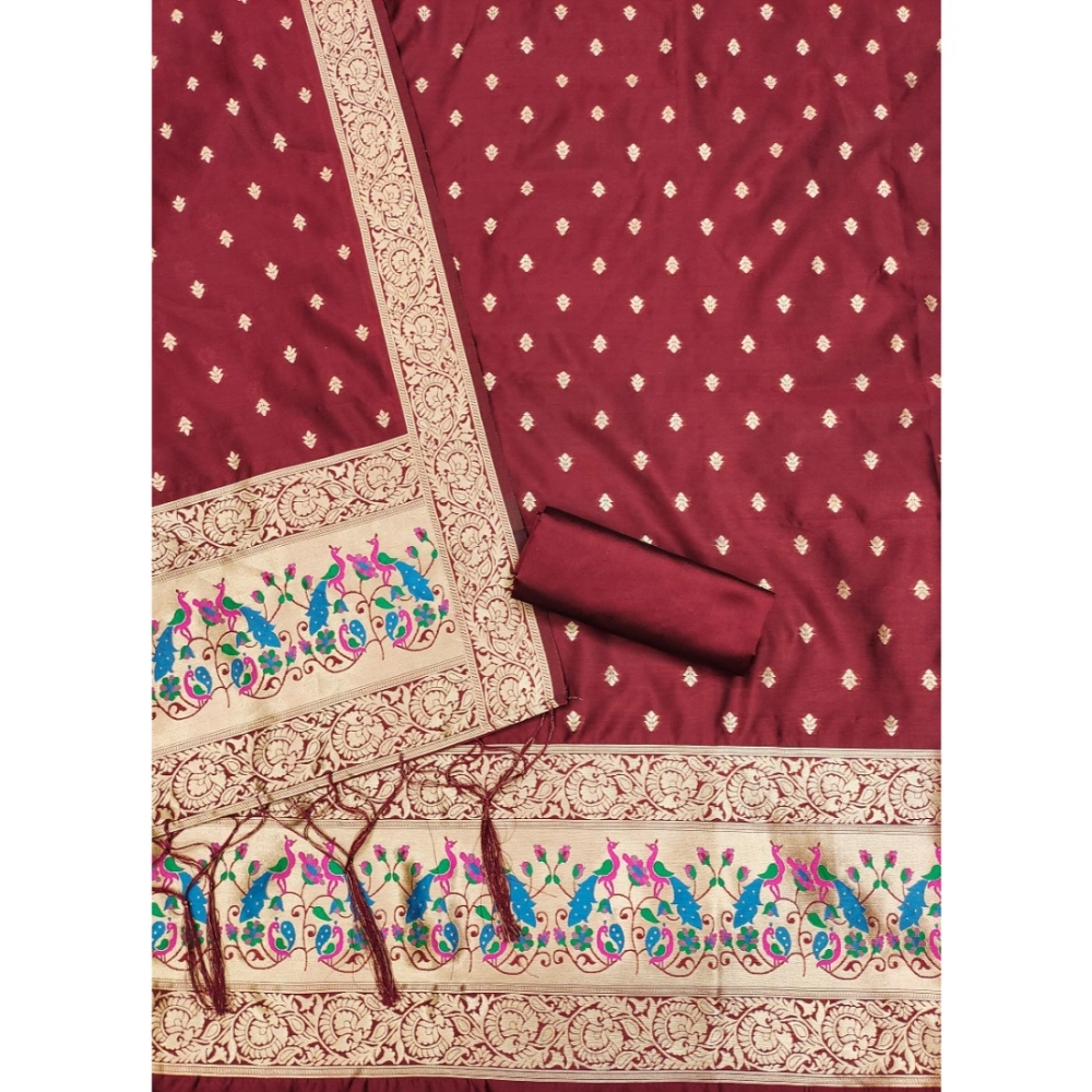 Women's Banarasi Silk Printed Unstitched Salwar Suit Material With Dupatta (Maroon, 3Mtrs) - Image 4