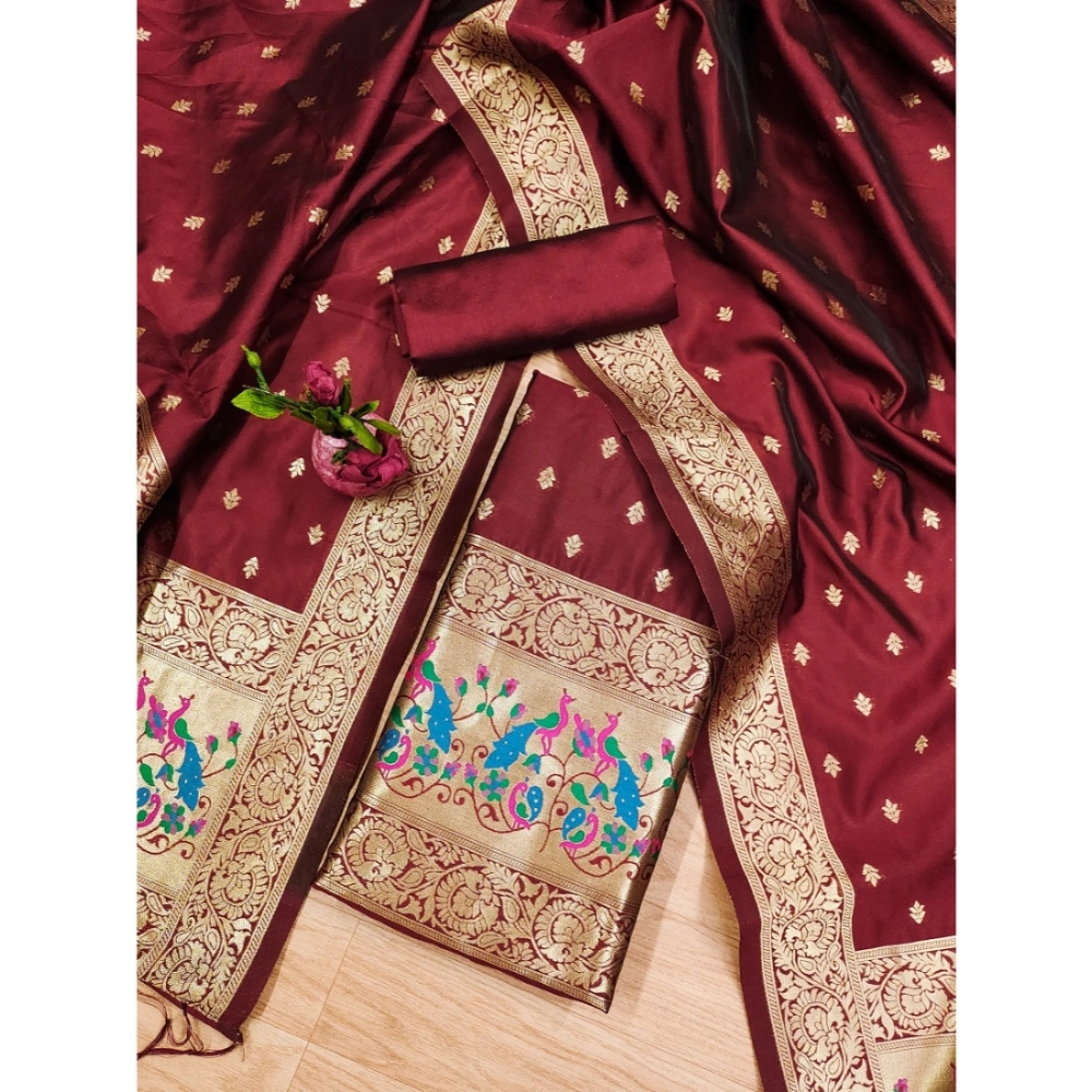 Women's Banarasi Silk Printed Unstitched Salwar Suit Material With Dupatta (Maroon, 3Mtrs) - Image 2