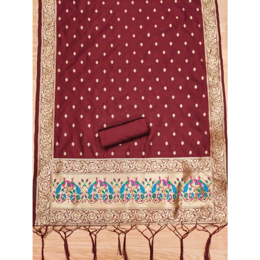 Women's Banarasi Silk Printed Unstitched Salwar Suit Material With Dupatta (Maroon, 3Mtrs) - Image 3