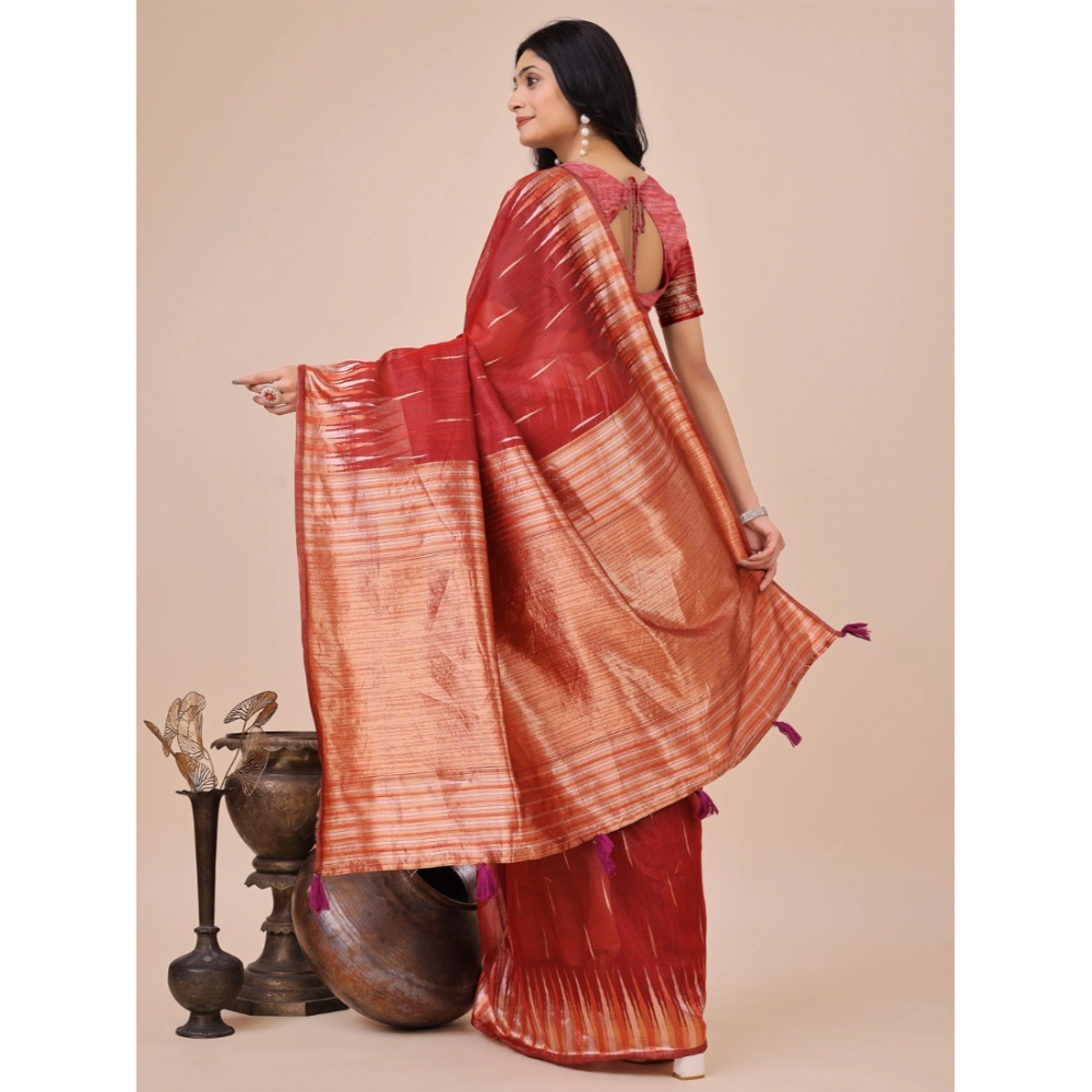 Women's Linen Cotton Printed Saree With Unstitched Blouse 5.5Mtr (Red) - Image 2