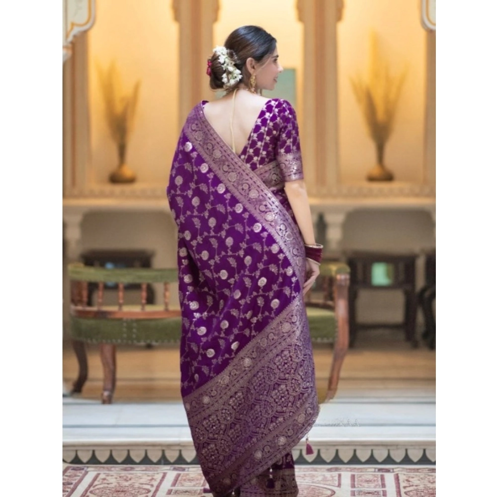 Women's Silk Printed Saree With Unstitched Blouse 5.5Mtr (Purple) - Image 2