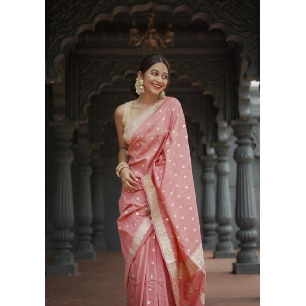Women's Cotton Printed Saree With Unstitched Blouse 5.5Mtr (Peach) - Image 2