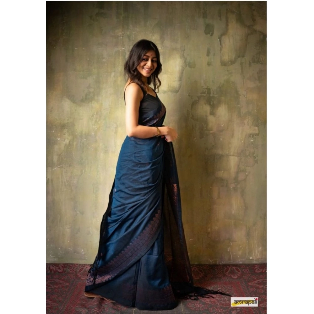 Women's Silk Printed Saree With Unstitched Blouse 5.5Mtr (Navy Blue) - Image 3