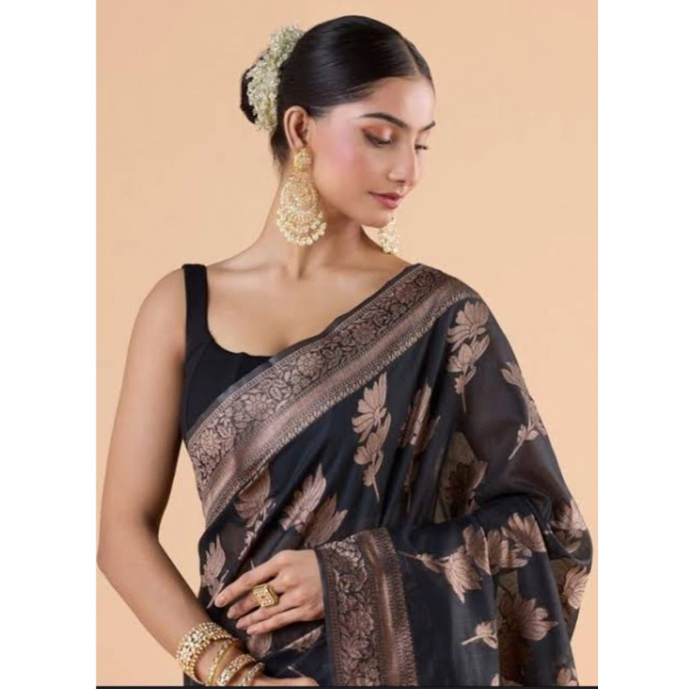 Women's Silk Printed Saree With Unstitched Blouse 5.5Mtr (Black) - Image 2