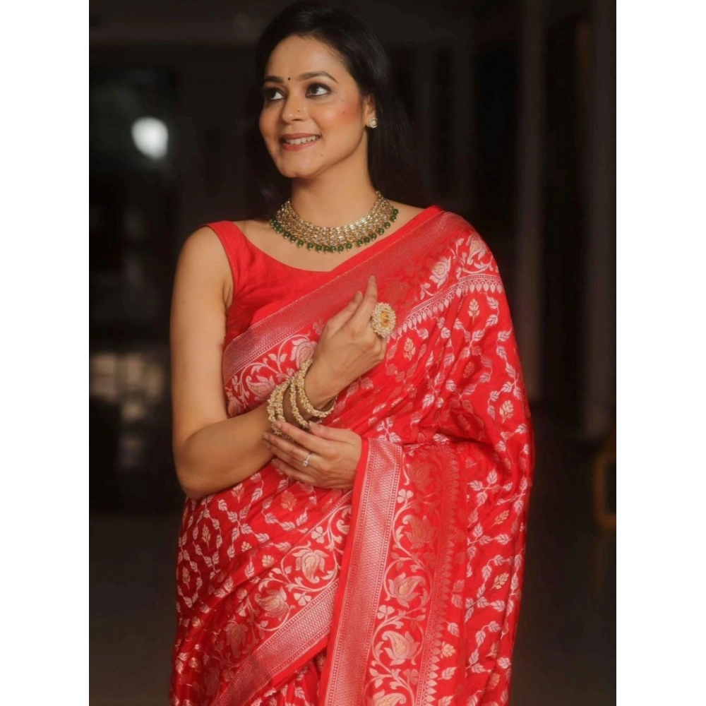 Women's Silk Printed Saree With Unstitched Blouse 5.5Mtr (Orange) - Image 3