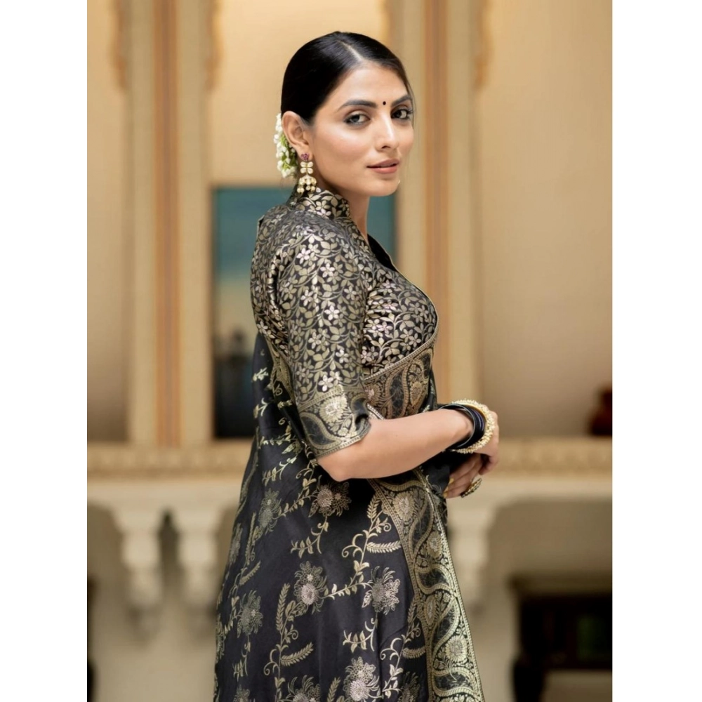Women's Silk Printed Saree With Unstitched Blouse 5.5Mtr (Black) - Image 3