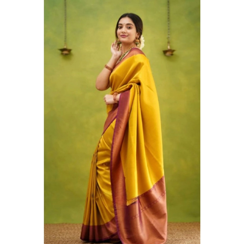 Women's Silk Printed Saree With Unstitched Blouse 5.5Mtr (Yellow) - Image 2