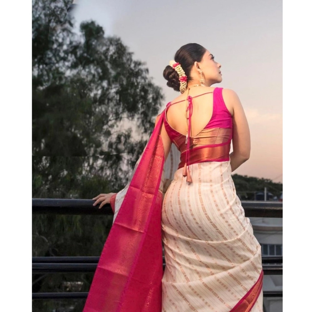 Women's Silk Printed Saree With Unstitched Blouse 5.5Mtr (White-Pink) - Image 3