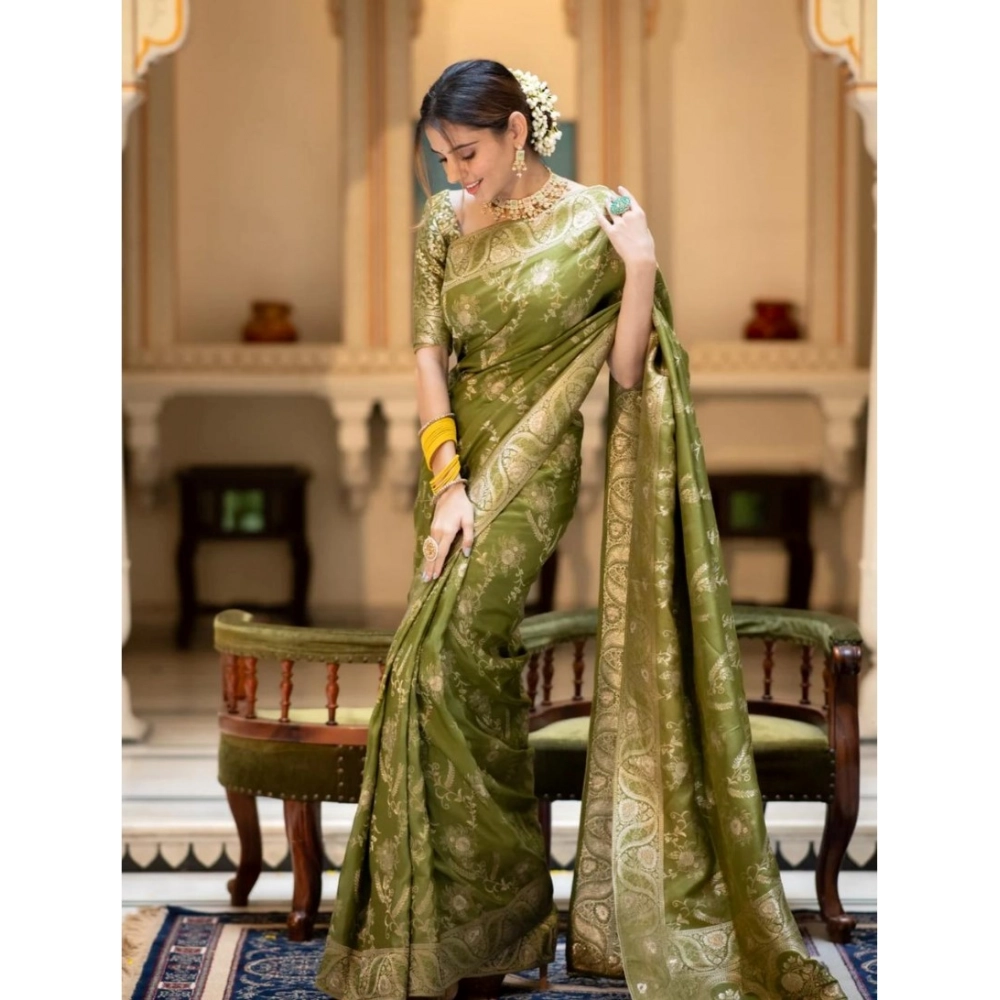 Women's Silk Printed Saree With Unstitched Blouse 5.5Mtr (Olive Green) - Image 3