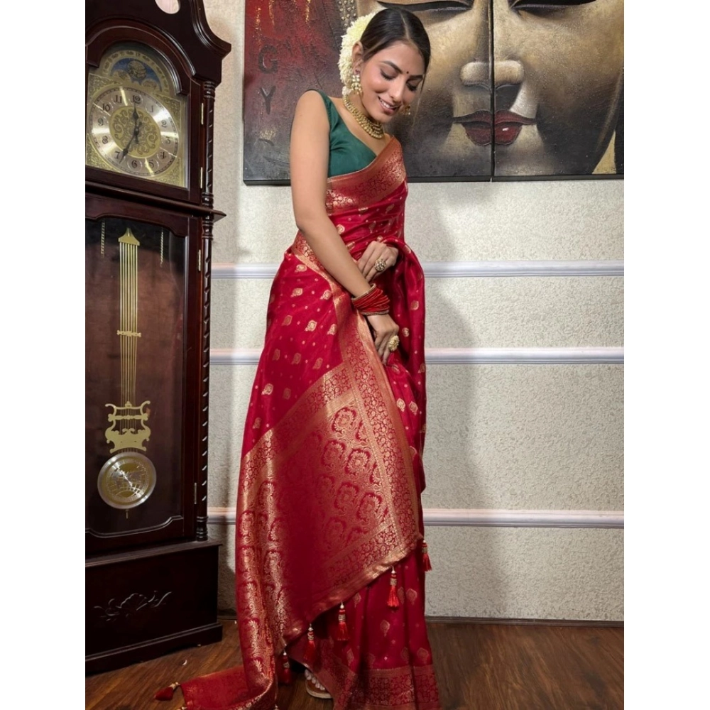 Women's Silk Printed Saree With Unstitched Blouse 5.5Mtr (Red) - Image 3
