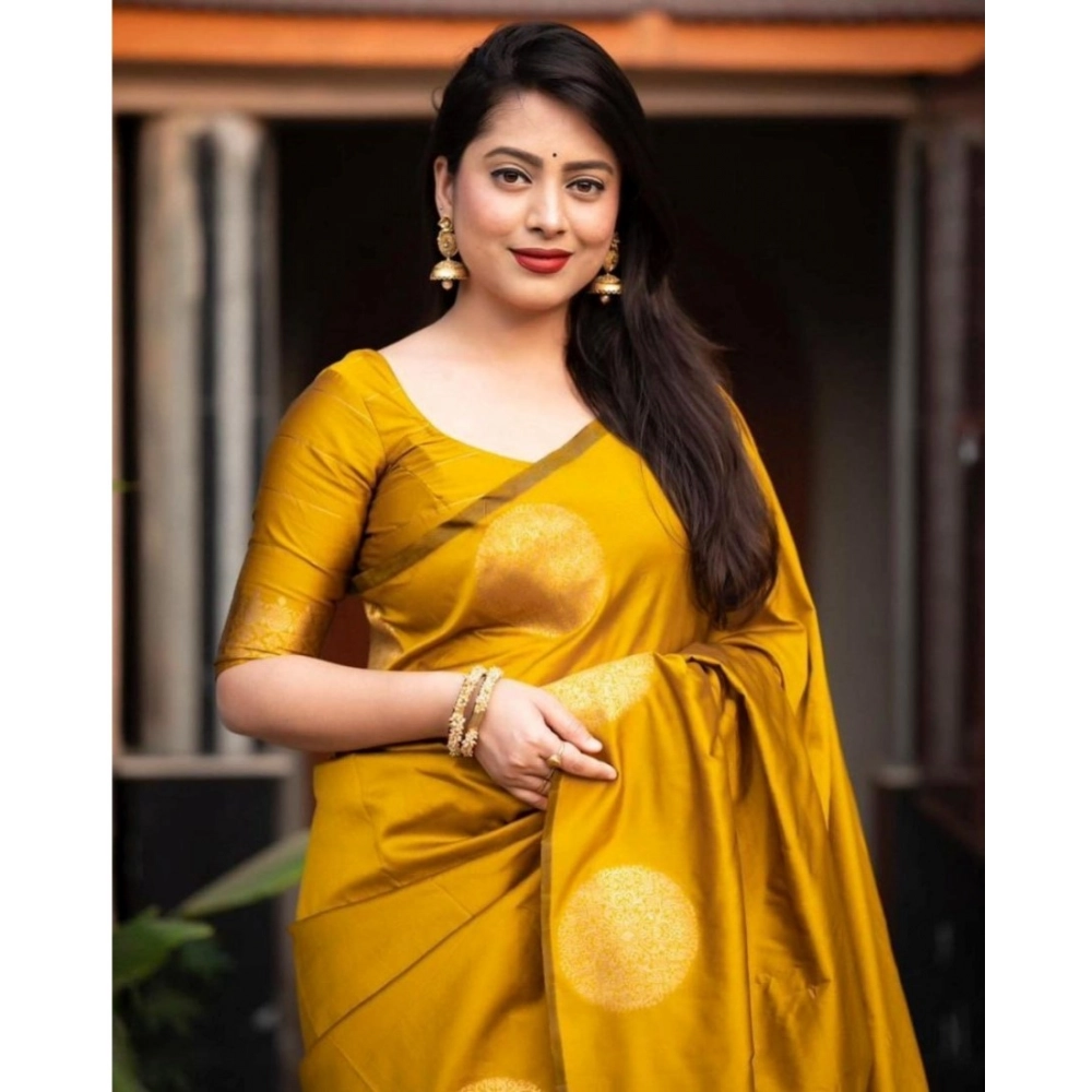 Women's Silk Printed Saree With Unstitched Blouse 5.5Mtr (Yellow) - Image 2