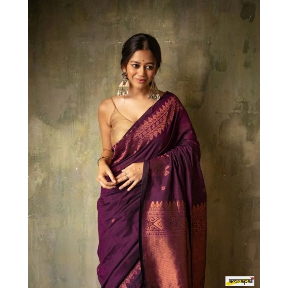 Women's Silk Printed Saree With Unstitched Blouse 5.5Mtr (Wine) - Image 3