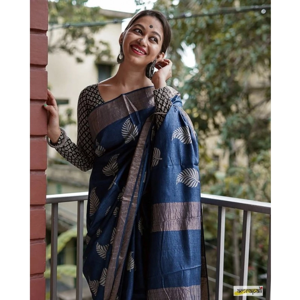 Women's Silk Printed Saree With Unstitched Blouse 5.5Mtr (Navy Blue) - Image 3