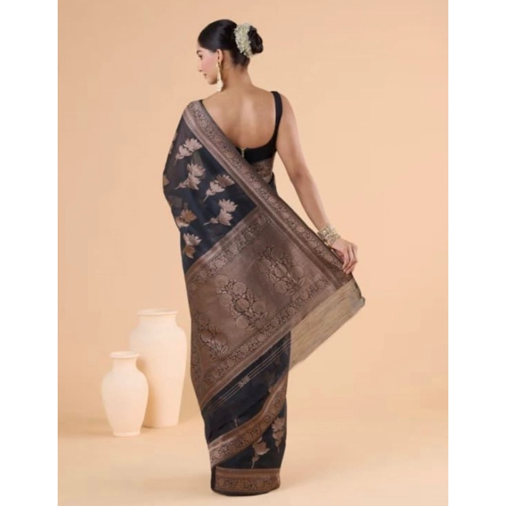 Women's Silk Printed Saree With Unstitched Blouse 5.5Mtr (Black) - Image 3