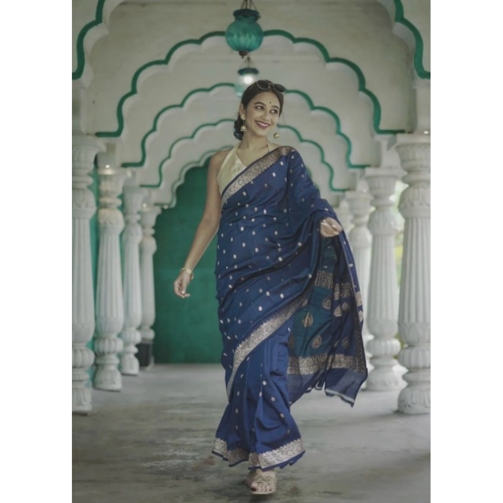 Women's Cotton Printed Saree With Unstitched Blouse 5.5Mtr (Navy Blue) - Image 3