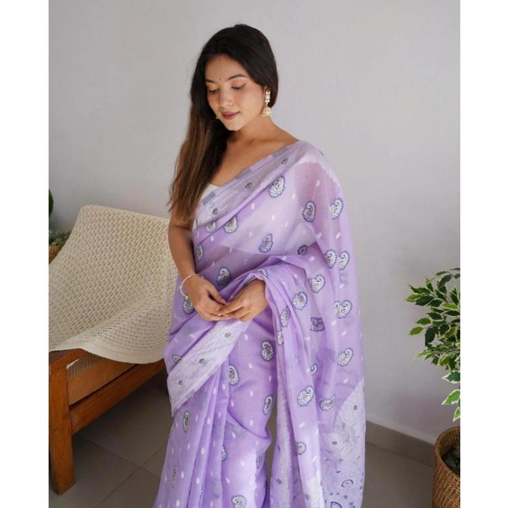 Women's Cotton Printed Saree With Unstitched Blouse 5.5Mtr (Lavender) - Image 2