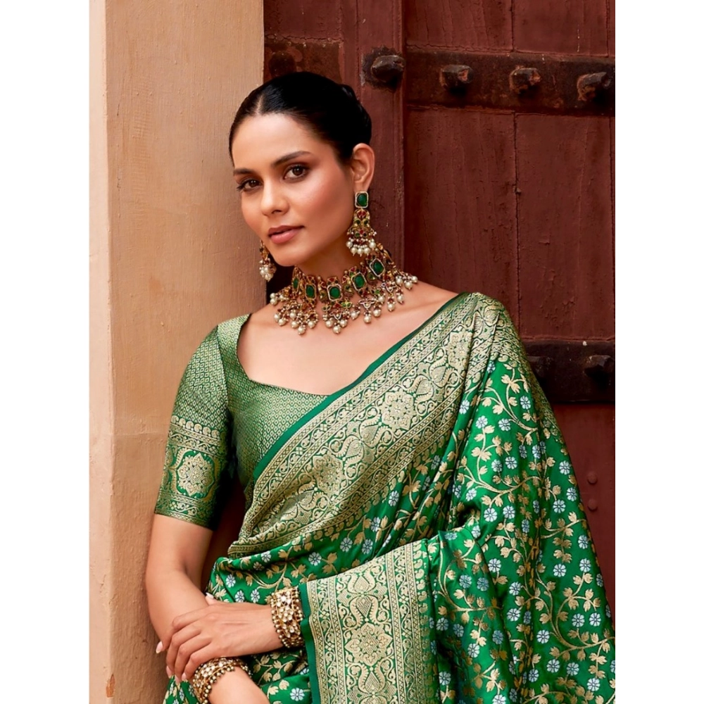Women's Silk Printed Saree With Unstitched Blouse 5.5Mtr (Green) - Image 3