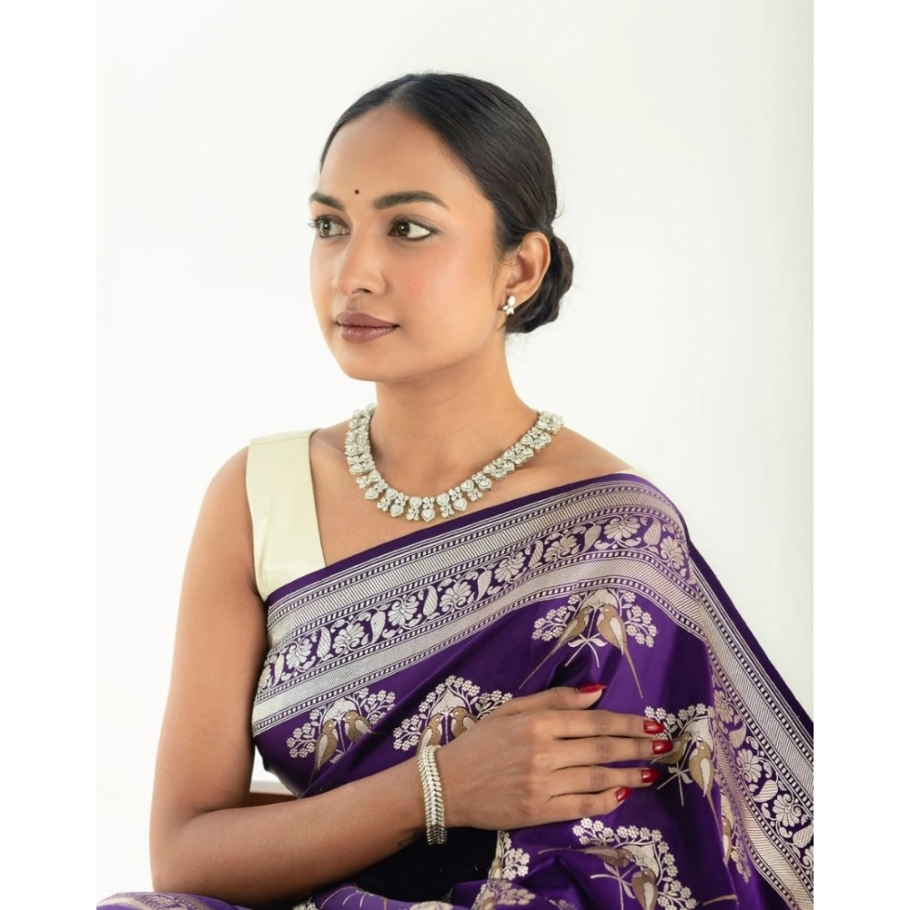 Women's Silk Printed Saree With Unstitched Blouse 5.5Mtr (Purple) - Image 2