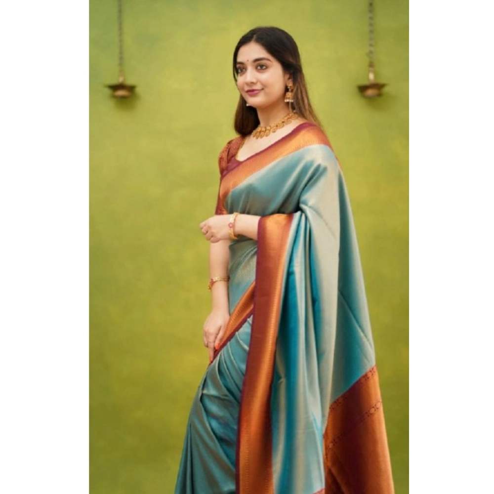 Women's Silk Printed Saree With Unstitched Blouse 5.5Mtr (Rama) - Image 3
