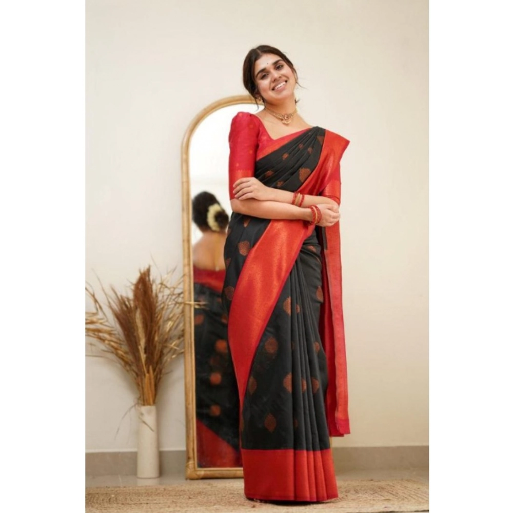 Women's Silk Printed Saree With Unstitched Blouse 5.5Mtr (Black) - Image 3