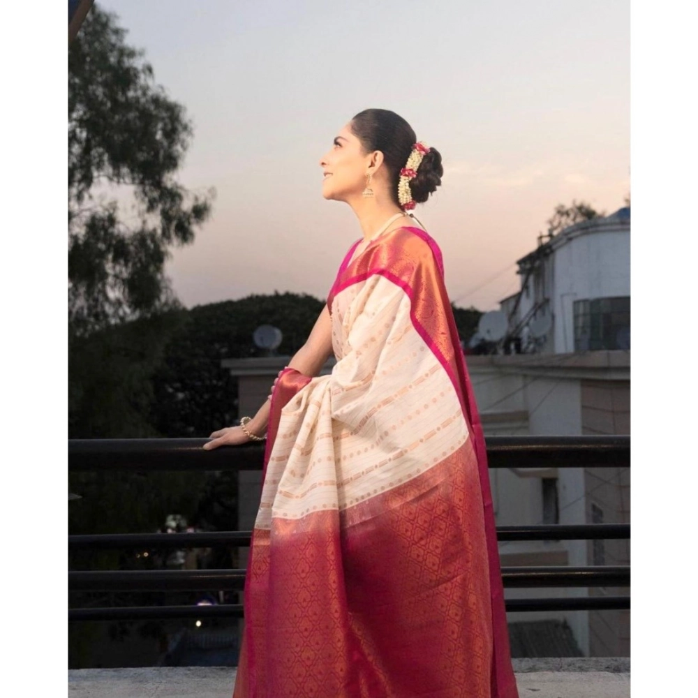 Women's Silk Printed Saree With Unstitched Blouse 5.5Mtr (White-Pink) - Image 2