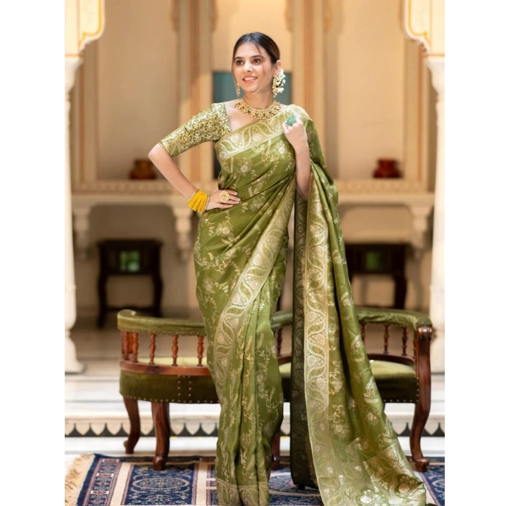 Women's Silk Printed Saree With Unstitched Blouse 5.5Mtr (Olive Green) - Image 2