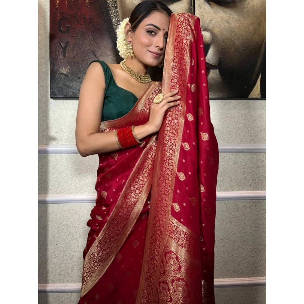 Women's Silk Printed Saree With Unstitched Blouse 5.5Mtr (Red) - Image 2