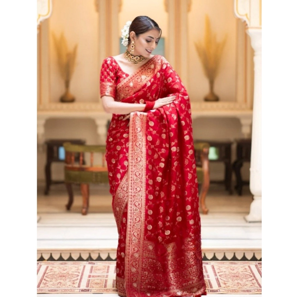 Women's Silk Printed Saree With Unstitched Blouse 5.5Mtr (Red) - Image 3