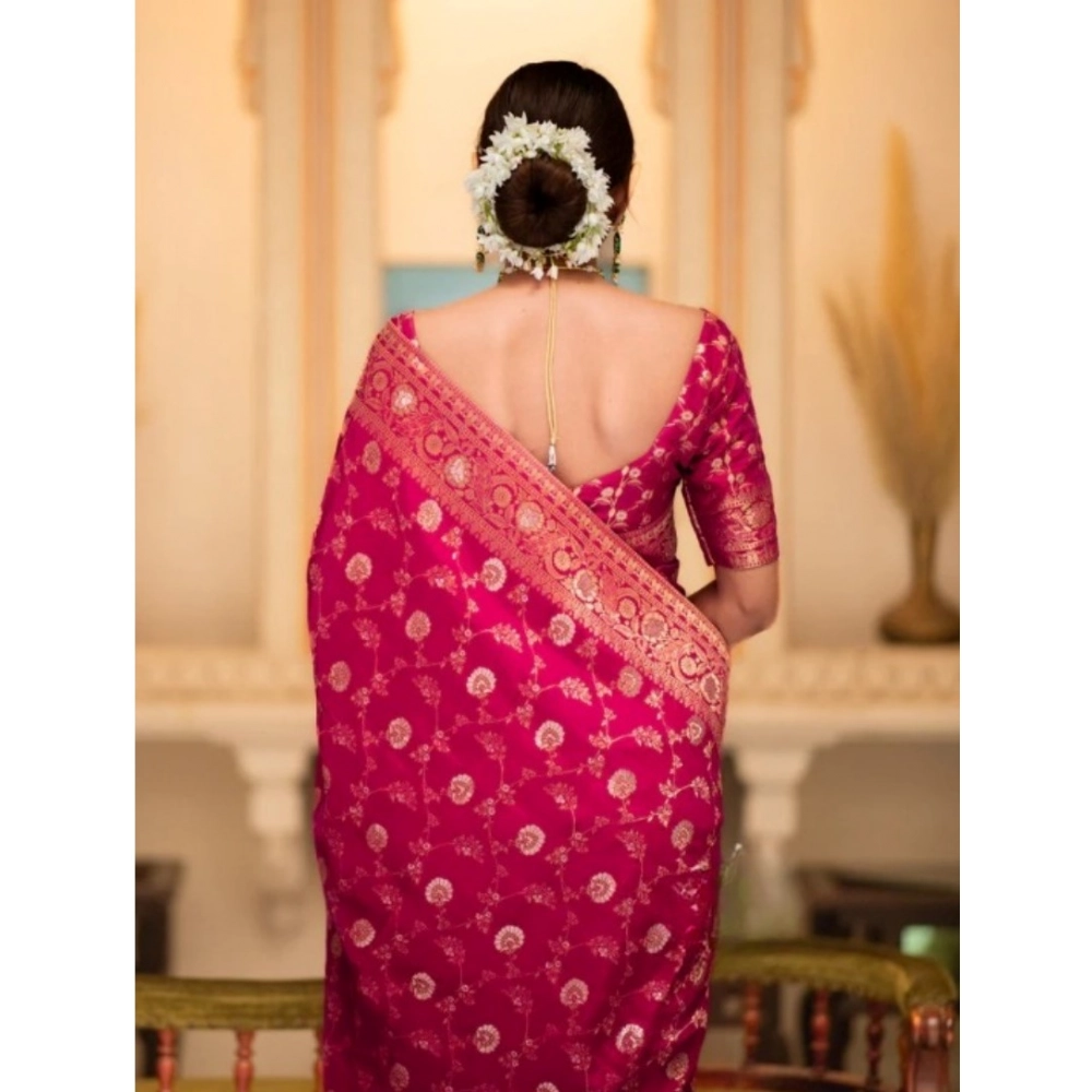 Women's Silk Printed Saree With Unstitched Blouse 5.5Mtr (Rani Pink) - Image 3
