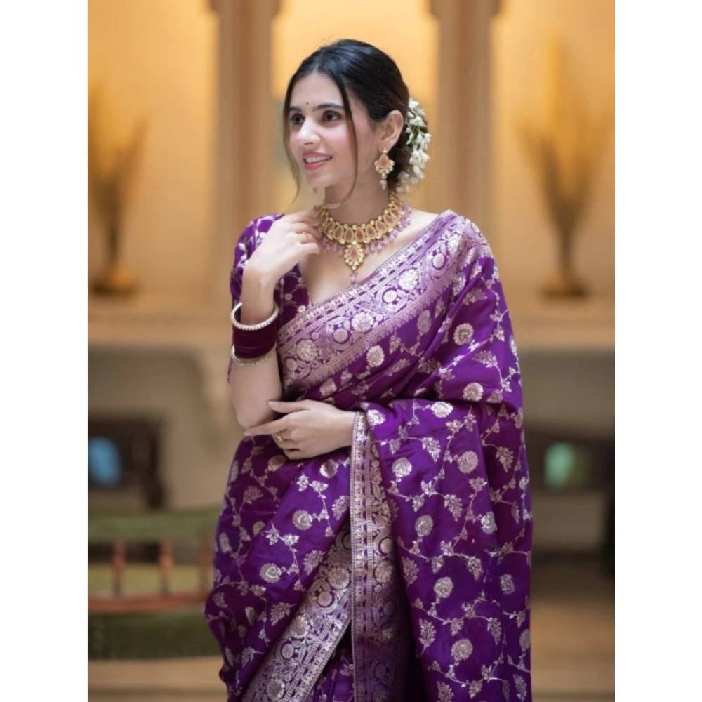 Women's Silk Printed Saree With Unstitched Blouse 5.5Mtr (Purple) - Image 3