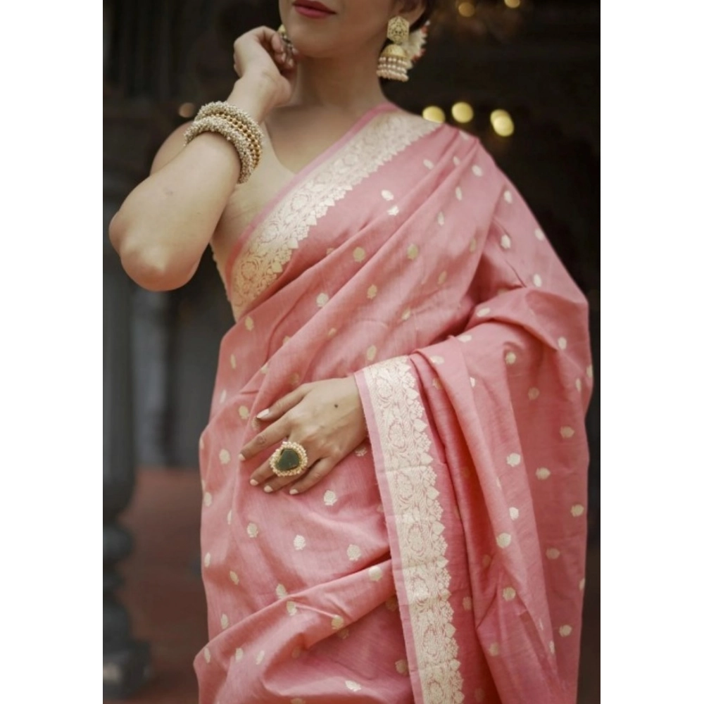Women's Cotton Printed Saree With Unstitched Blouse 5.5Mtr (Peach) - Image 3